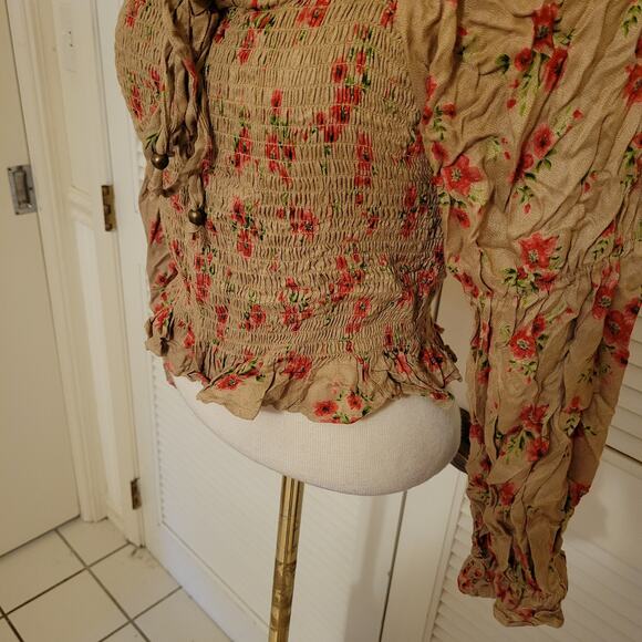 Angie Boho Floral Smocked Peasant Crop Top Y2K Hippie Medium - Picture 5 of 7